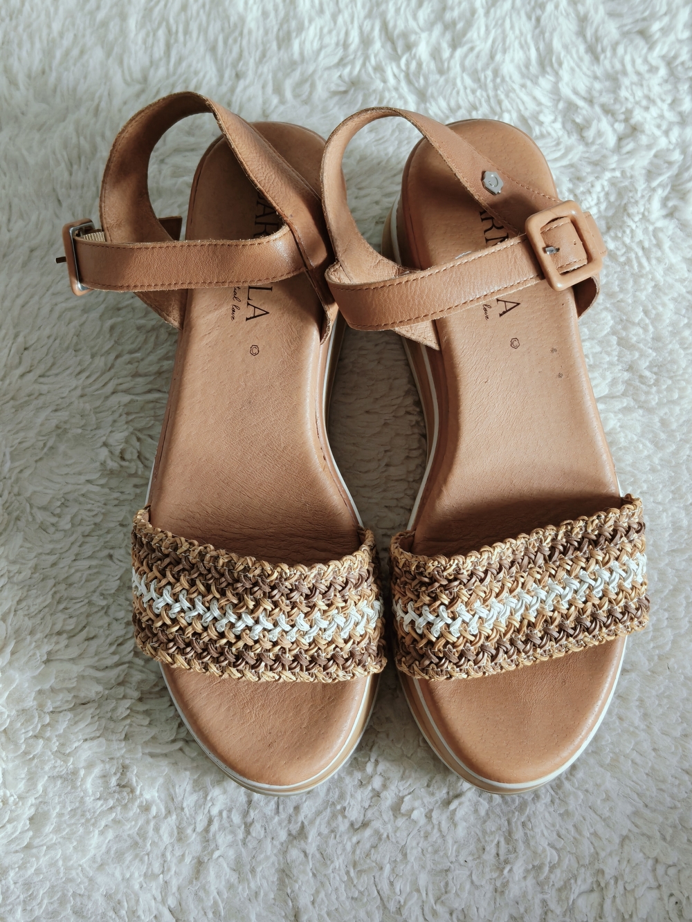 Bueno Carmela Cognac Leather Platform Sandals EUR 41 Crochet Boho Open Toe Wedge